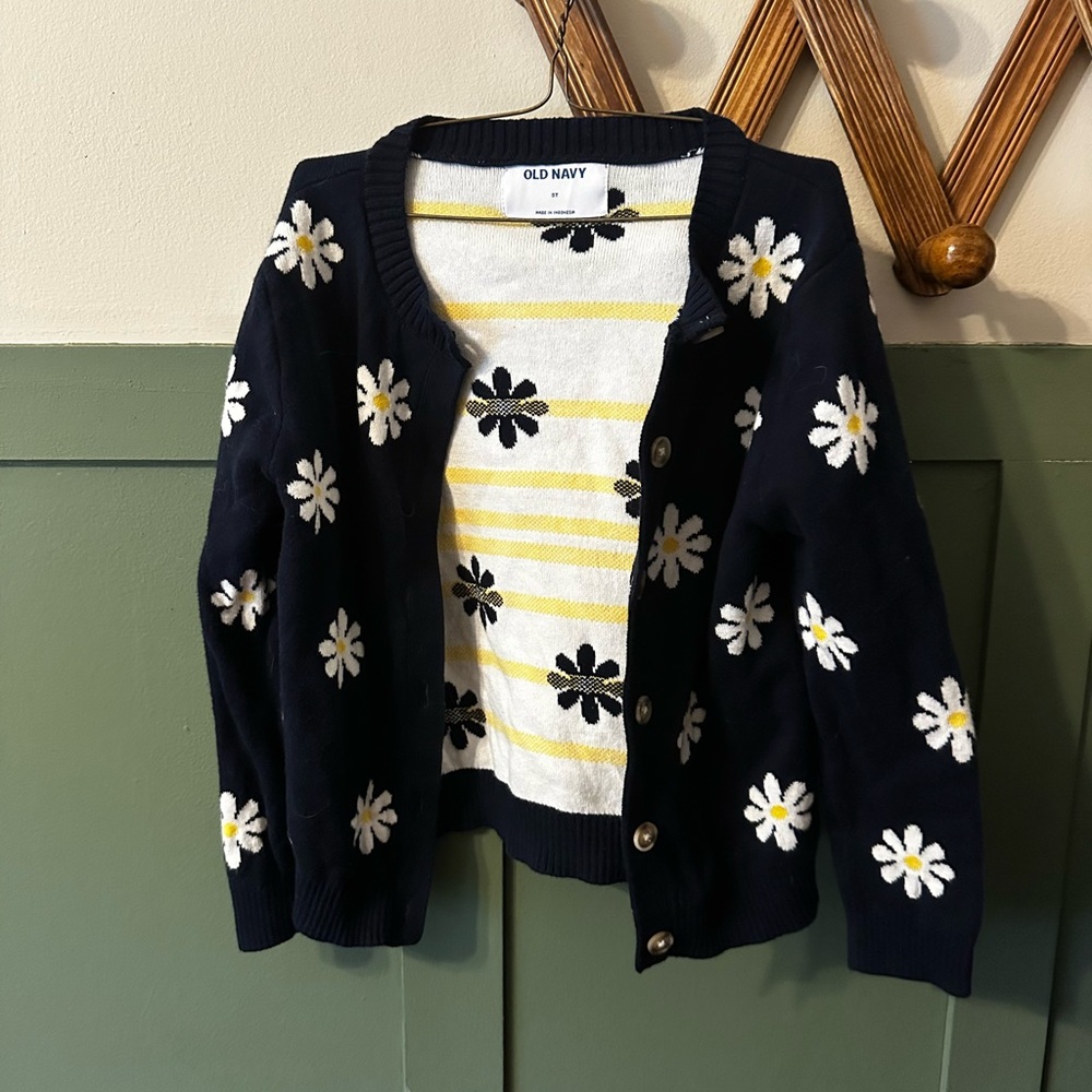 Old Navy Navy Blue and Yellow Floral Sweater